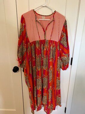 House of Sundar Red Tigress Tiger Print Cotton Midi Dress Size L